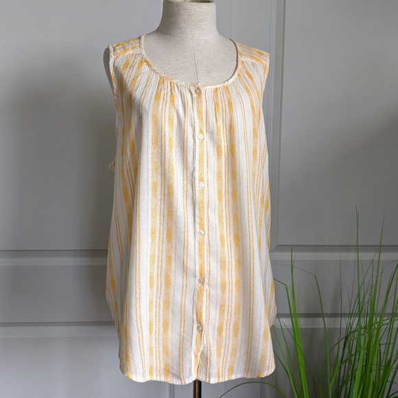 Lucky Brand Sleeveless Button Front Tie Front Stripe Scoop Neck Gold White L NWT - Picture 3 of 8